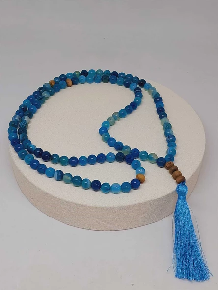 Mavi Akik Taşı 108'lik Tibet Stili El Yapımı Mala Kolye (51402) - Resim 3