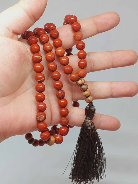 108'lik Kırmızı Jasper Taşı Tibet Stili El Yapımı Mala Kolye (51400) - Resim 2