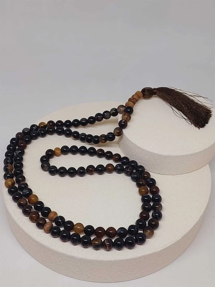 Siyah Akik taşı 108'lik Tibet Stili El Yapımı Mala Kolye (51386) - Resim 7