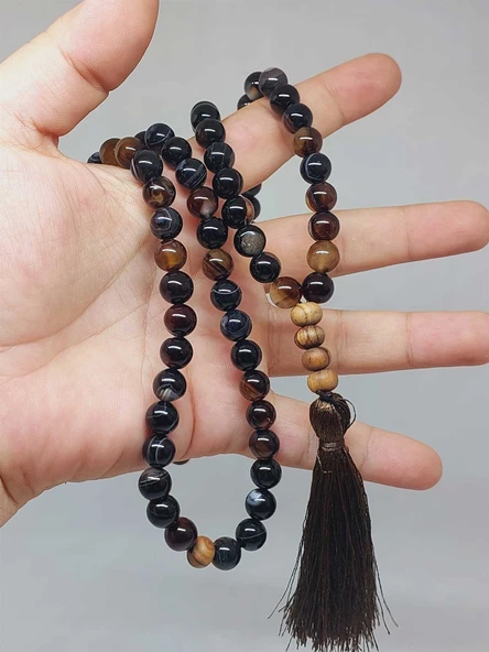 Siyah Akik taşı 108'lik Tibet Stili El Yapımı Mala Kolye (51386) - Resim 2