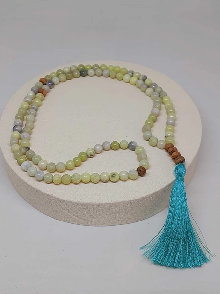 Yeşil Beyaz Peridot Taşı 108'lik Tibet Stili El Yapımı Mala Kolye (51404) - Resim 3