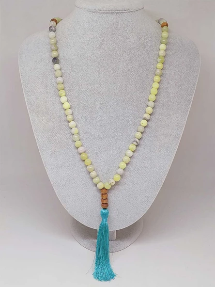 Yeşil Beyaz Peridot Taşı 108'lik Tibet Stili El Yapımı Mala Kolye (51404) - Resim 4