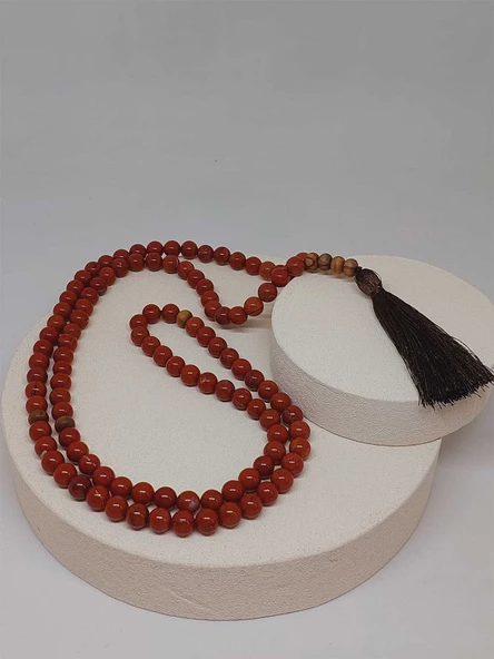 108'lik Kırmızı Jasper Taşı Tibet Stili El Yapımı Mala Kolye (51400) - Resim 6