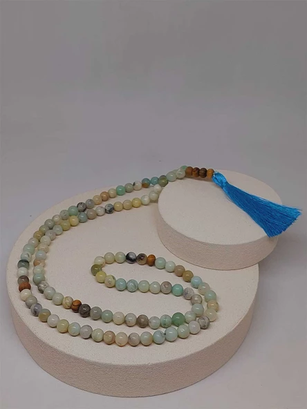 Amazonit Taşı 108'lik Tibet Stili El Yapımı Mala Kolye (51390) - Resim 7