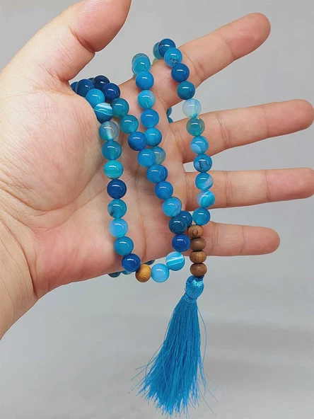 Mavi Akik Taşı 108'lik Tibet Stili El Yapımı Mala Kolye (51402) - Resim 2