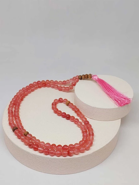 Gül Kuvars Taşı 108'lik Tibet Stili El Yapımı Mala Kolye (51392) - Resim 7