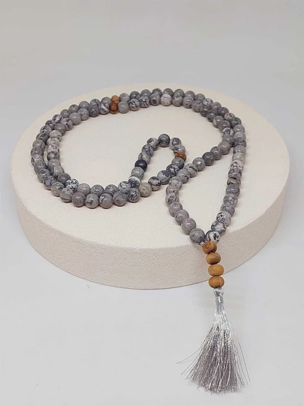 108'lik Gri Jasper Taşı Tibet Stili El Yapımı Mala Kolye (51388) - 7