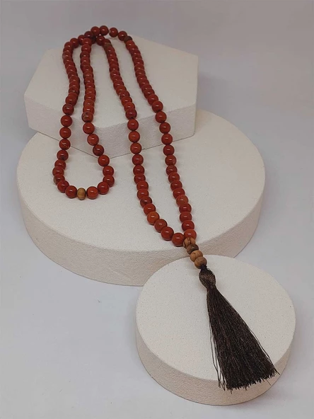 108'lik Kırmızı Jasper Taşı Tibet Stili El Yapımı Mala Kolye (51400) - Resim 5