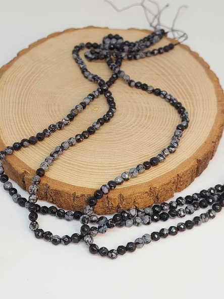 Bileklik Boy Kar Tanesi Obsidyen Taşı Yarım Dizi Faset Kesim 4-4.5mm Aralığı (18CM UZUNLUĞUNDADIR) - Resim 3