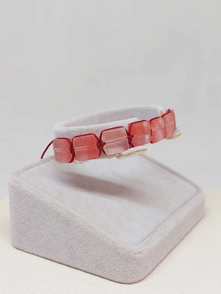 Gül Kuvars Taşı Makrome Tasarım Bileklik (51596) - Resim 4