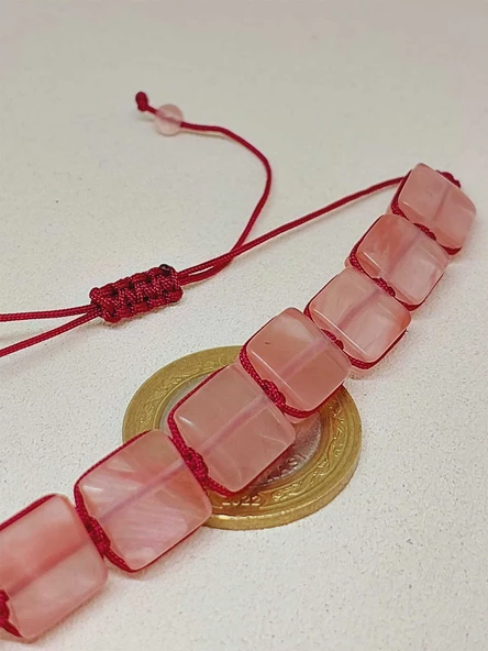 Gül Kuvars Taşı Makrome Tasarım Bileklik (51596) - Resim 6