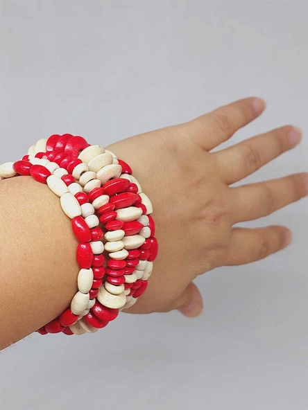Ahşap Kırmızı ve Beyaz Renk Hafızalı Otantik Bileklik (51972)