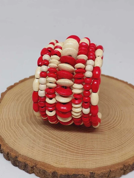 Ahşap Kırmızı ve Beyaz Renk Hafızalı Otantik Bileklik (51972) - 4