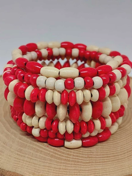 Ahşap Kırmızı ve Beyaz Renk Hafızalı Otantik Bileklik (51972) - 2