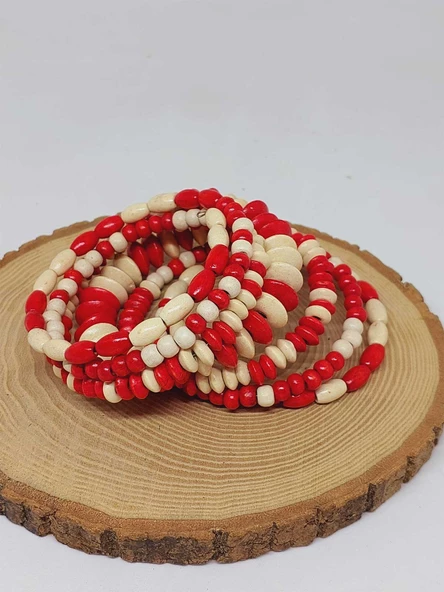 Ahşap Kırmızı ve Beyaz Renk Hafızalı Otantik Bileklik (51972) - 3