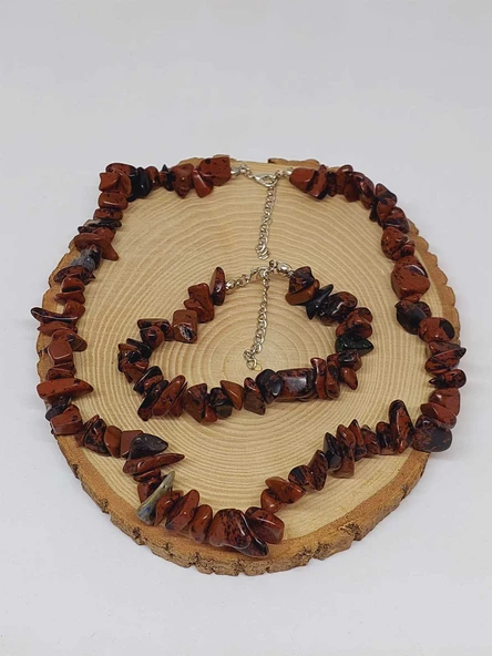 Kahverengi Obsidyen Taşı İri Taşlar Kolye & Bileklik Seti (52268) - Resim 3