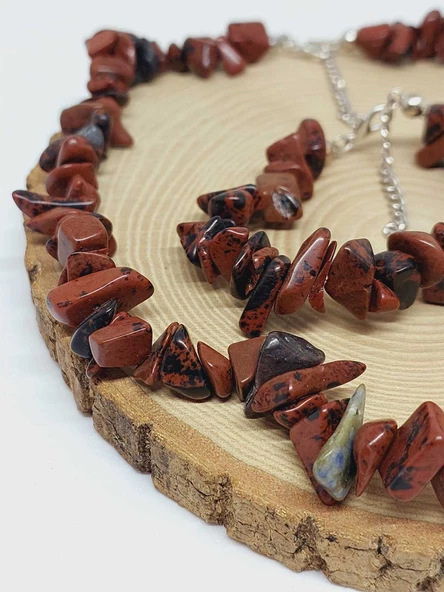 Kahverengi Obsidyen Taşı İri Taşlar Kolye & Bileklik Seti (52268) - Resim 2