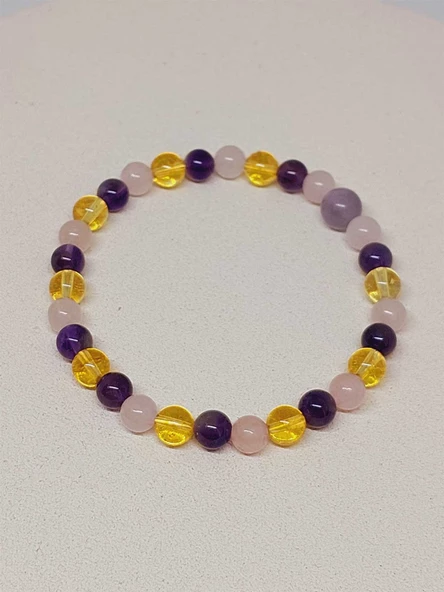 Ametist & Pembe Kuvars & Sitrin Tasarım Bileklik 6-8mm (52400) - Resim 6