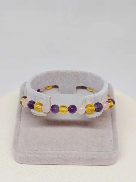 Ametist & Pembe Kuvars & Sitrin Tasarım Bileklik 6-8mm (52400) - Resim 4