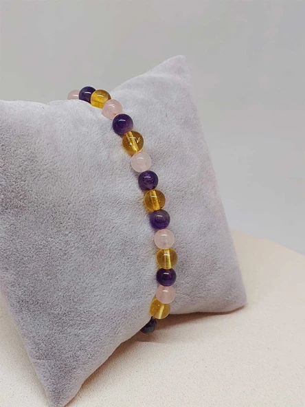 Ametist & Pembe Kuvars & Sitrin Tasarım Bileklik 6-8mm (52400) - Resim 5