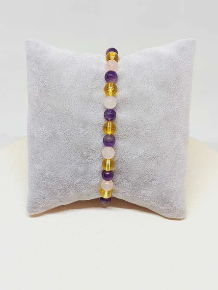 Ametist & Pembe Kuvars & Sitrin Tasarım Bileklik 6-8mm (52400) - Resim 3