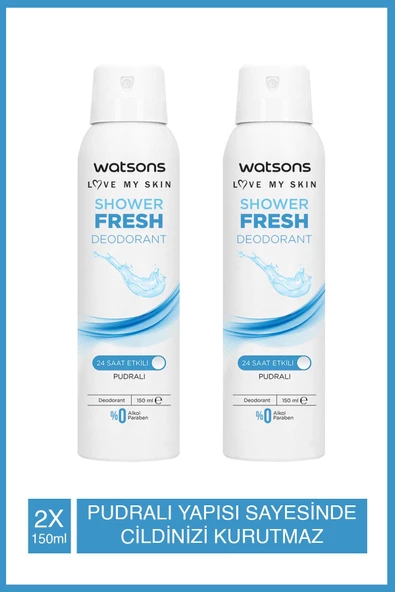 Watsons -Shower Fresh Pudralı 24 Saat Etkili Deodorant Sprey 150 ml 2 Adet