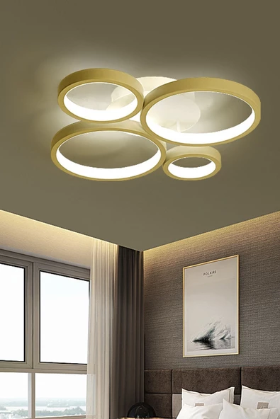 Ömür Avize Kiev Modern Ledli Plofonyer Dörtlü Avize gold kasa