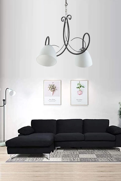 Ömür Avize Betül Siyah Modern Beyaz Opal Camlı Ikili Avize