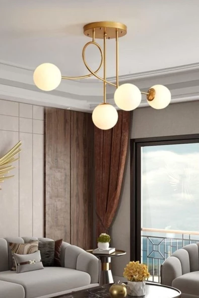 Ömür Avize Eva Modern Mat Gold Kasa Beyaz Camlı Dörtlü Avize