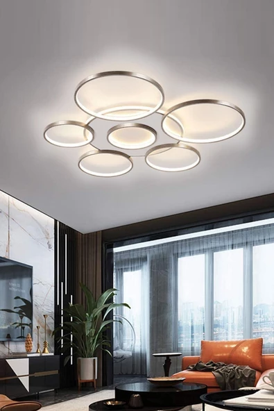 Ömür Avize Jüpiter Modern Gri Kasa ( ( 75 Cm ) ) Beyaz Ledli Plofonyer Ledli Avize