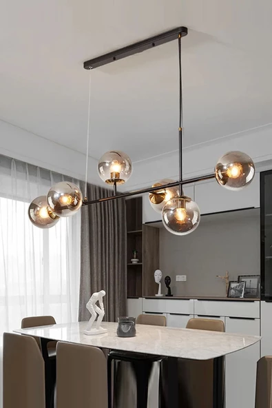 Ömür Avize Rikardo Modern Siyah Kasa Gold Detaylı Füme Globe Camlı Sıralı 6lı Avize