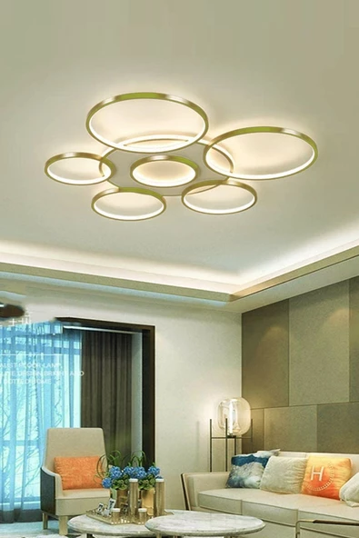 Ömür Avize Jüpiter Modern Gold Kasa ( ( 75 Cm ) ) Beyaz Ledli Plofonyer Ledli Avize