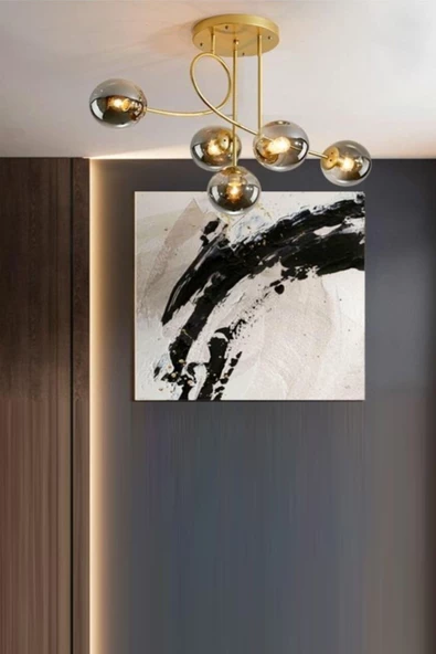 Ömür Avize Eva Modern Tarz Globe  gold kasa  fume Camlı Beşli Avize