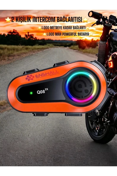 Q08-2X RGB Işıklı Intercom 2 Kişi Bağlantılı 1000mAh Motosiklet Bluetooth Kulaklık Seti