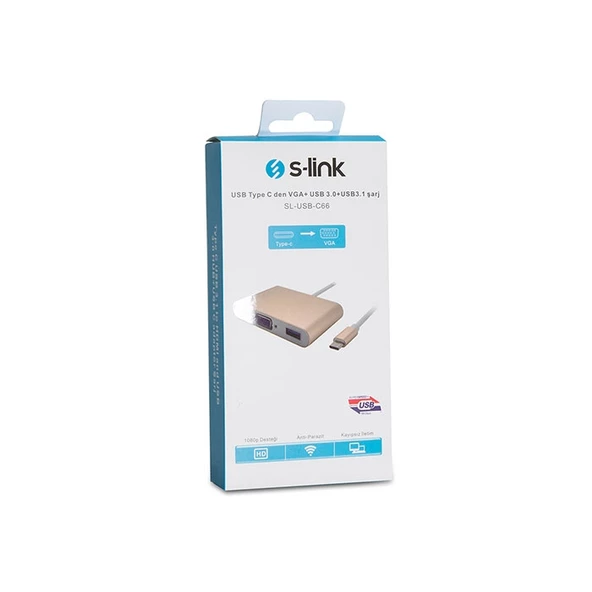 S-LINK SL-USB-C66 0.15metre TYPE-C-USB 3.0_VGA Çevirici Adaptör Gold 4K - 5