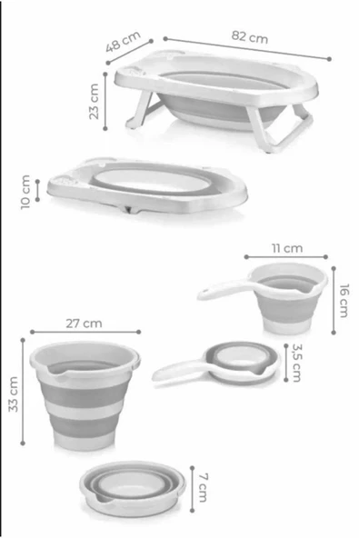 3'Lü Set Katlanır Bebek Çocuk Yıkama Küveti & Katlanır Kova & Katlanır Maşrapa Seti