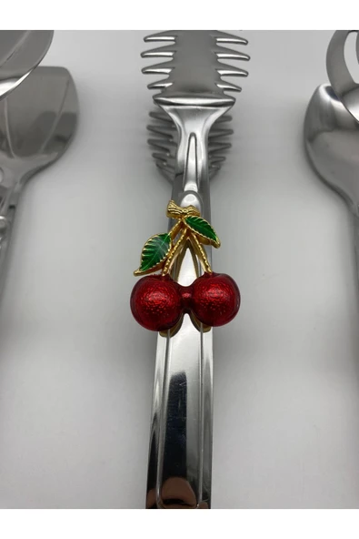 Kirazlı Gümüş Maşa Seti, Salata, Makarna ve Pasta Servis Sunum Maşası, Paslanmaz Çelik 18/10 - 3
