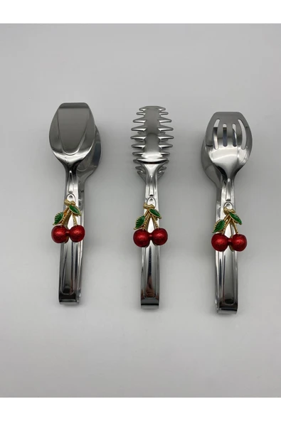 Kirazlı Gümüş Maşa Seti, Salata, Makarna ve Pasta Servis Sunum Maşası, Paslanmaz Çelik 18/10 - 2