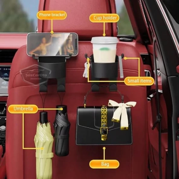 Oto Araç İçi Çok Fonksiyonlu Koltuk Arkası Organizer Bardaklık Telefon Tutucu Askılık Araba Eşya Düzenleyici 1 Adet - 2