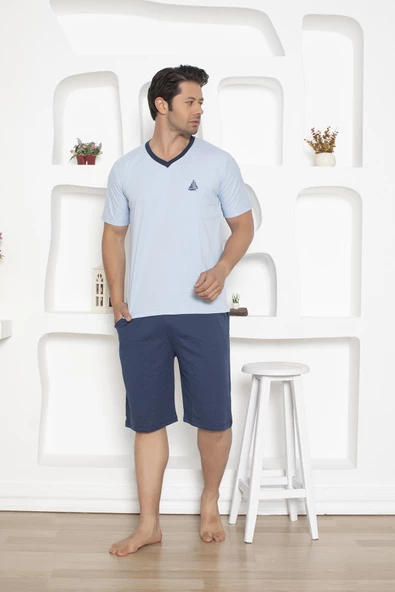 Erkek V Yaka Düğmesiz %100 Pamuk Kısa Kol Cepli Uzun Şortlu Pijama Takımı - 2