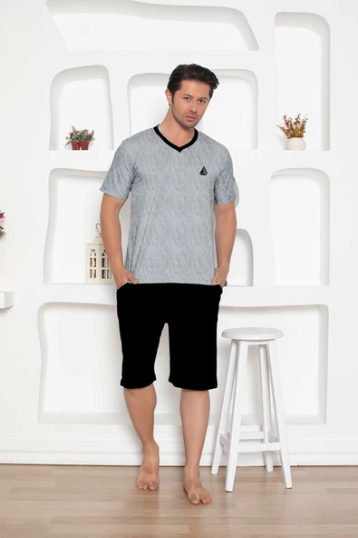 Erkek V Yaka Düğmesiz %100 Pamuk Kısa Kol Cepli Uzun Şortlu Pijama Takımı - 4