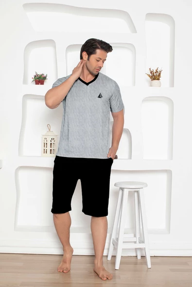 Erkek V Yaka Düğmesiz %100 Pamuk Kısa Kol Cepli Uzun Şortlu Pijama Takımı - 6