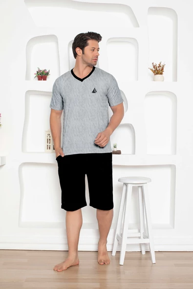 Erkek V Yaka Düğmesiz %100 Pamuk Kısa Kol Cepli Uzun Şortlu Pijama Takımı - 5