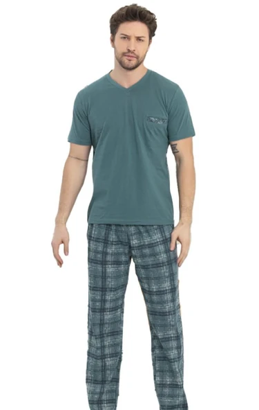 Erkek Yaka Detay  %100 Pamuk Süprem Kısa Kol Göğüs Cepli Pijama Takımı
