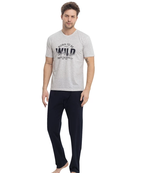 Erkek Düğmesiz Bisiklet Yaka %100 Pamuk Süprem Kısa Kol Cepli Pijama Takımı - 2