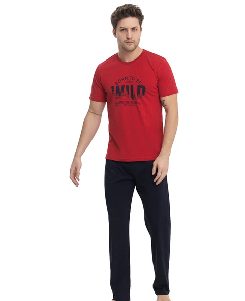 Erkek Düğmesiz Bisiklet Yaka %100 Pamuk Süprem Kısa Kol Cepli Pijama Takımı