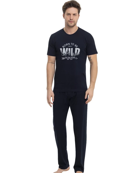 Erkek Düğmesiz Bisiklet Yaka %100 Pamuk Süprem Kısa Kol Cepli Pijama Takımı - 3