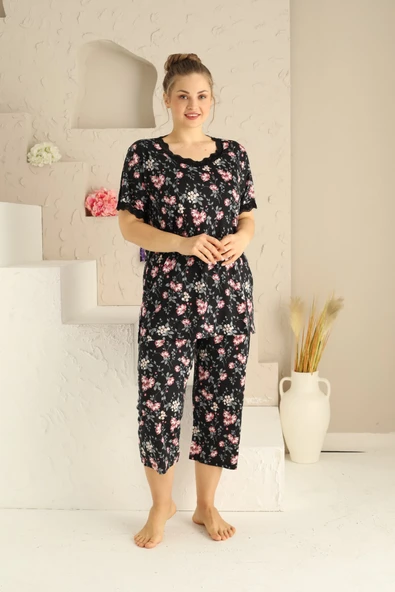 Kadın Düğmesiz Viskon Geniş Battal Büyük Beden Kapri/Bermuda Pijama Takımı - 9