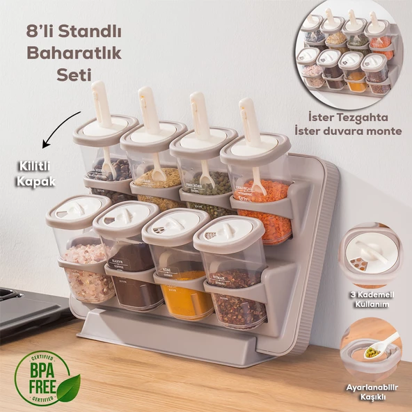 Porsima 1116 Standlı Kaydırmalı Kaşıklı 360° Döner Kapaklı Etiketli Baharatlık Seti - Erzak Saklama Kabı Cappuccino - 5