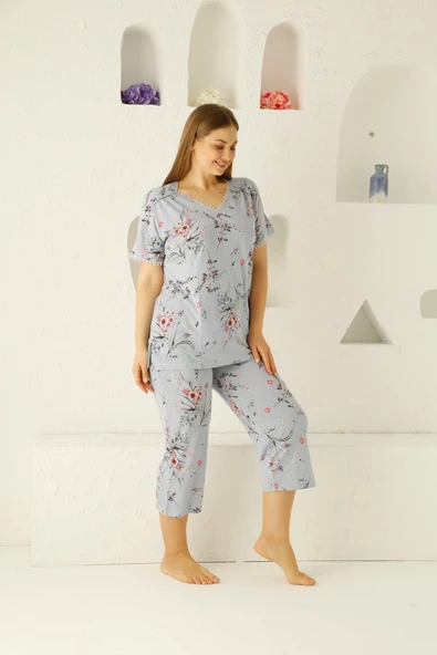 Kadın Düğmesiz Viskon Geniş Battal Büyük Beden Kapri/Bermuda Pijama Takımı - 11